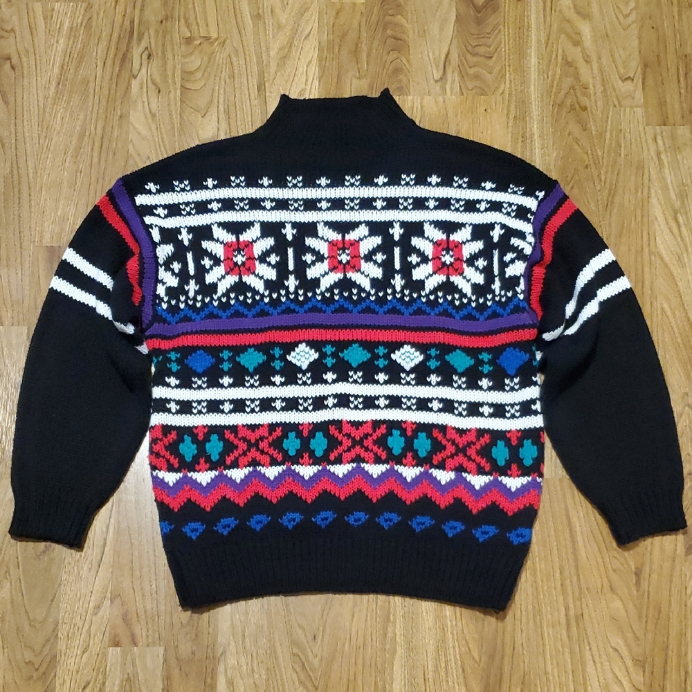 J.J. Fargo Vintage 1980s Fairisle Sweater Womens L Black White Red Purple
